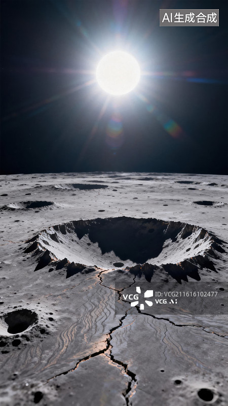 【AI数字艺术】月球表面陨石坑与阳光图片素材