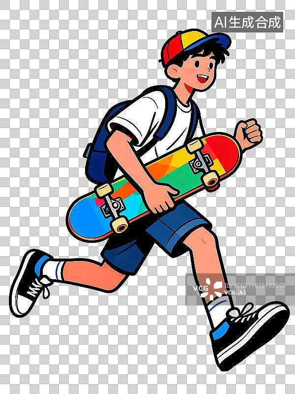 【AI数字艺术】孟菲斯扁平时尚潮流年轻男孩抱着滑板图片素材