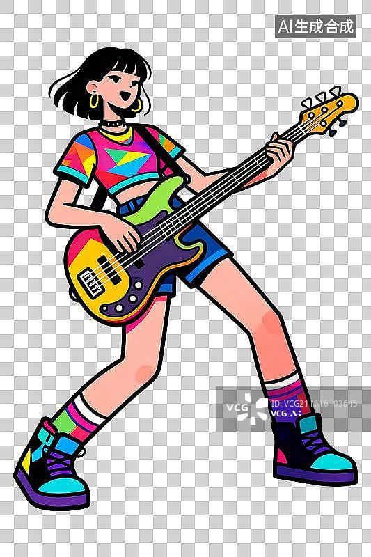 【AI数字艺术】孟菲斯扁平潮酷少女弹吉他活力插画图片素材