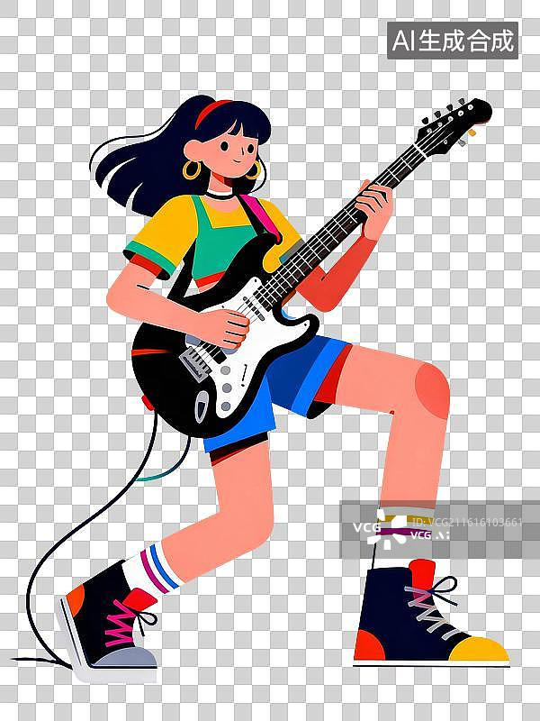【AI数字艺术】孟菲斯扁平潮酷少女弹吉他活力插画图片素材