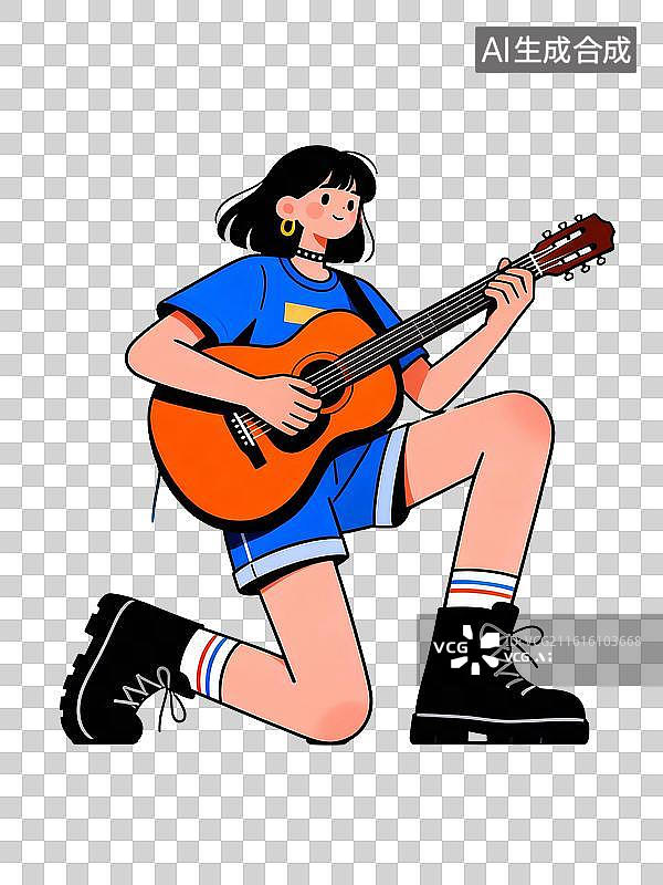 【AI数字艺术】孟菲斯扁平潮酷少女弹吉他活力插画图片素材