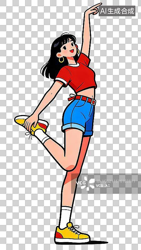 【AI数字艺术】孟菲斯扁平时尚潮流年轻女孩跳舞姿势图片素材