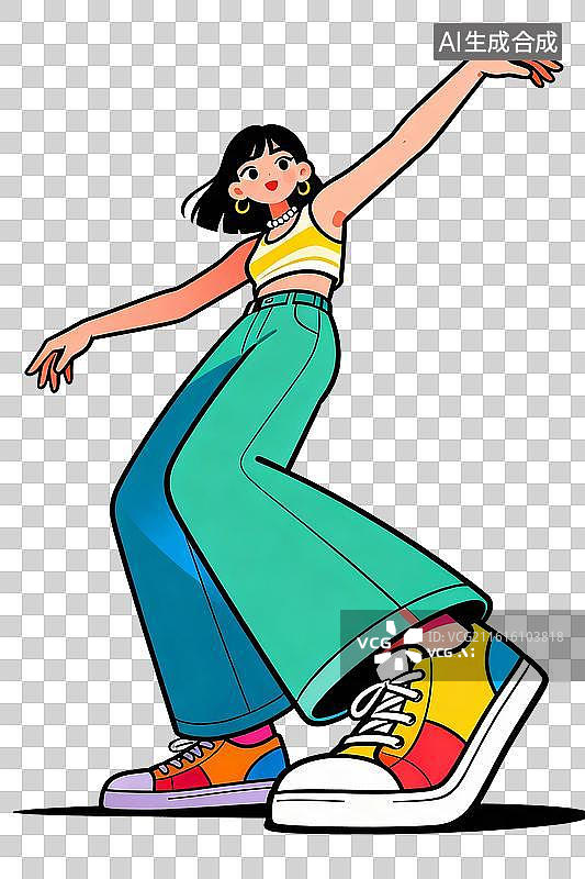 【AI数字艺术】孟菲斯扁平时尚潮流年轻女孩跳舞姿势图片素材