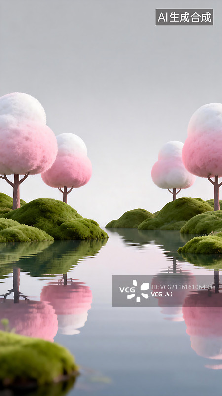 【AI数字艺术】粉白渐变树木水畔倒影梦幻风景图 关键词 粉白 渐变 树木 水畔 倒影 梦幻 清新 唯美 柔和 治愈图片素材