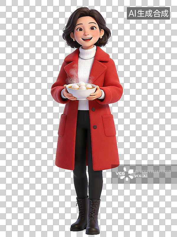 【AI数字艺术】中年女性，面带微笑，双手捧汤圆碗，穿着红色大衣、白色毛衣、黑色紧身裤和黑色靴子，整体形象时尚图片素材