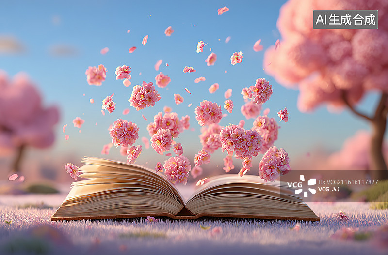【AI数字艺术】书页绽放樱花的梦幻场景图片素材