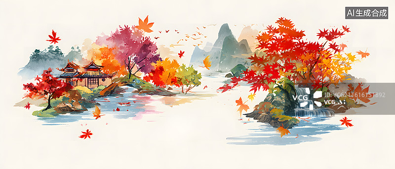 【AI数字艺术】枫林溪涧远山秋图片素材