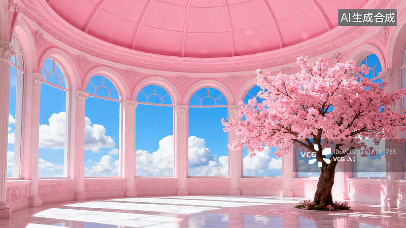 【AI数字艺术】梦幻粉色穹顶樱花树 3D 场景图图片素材