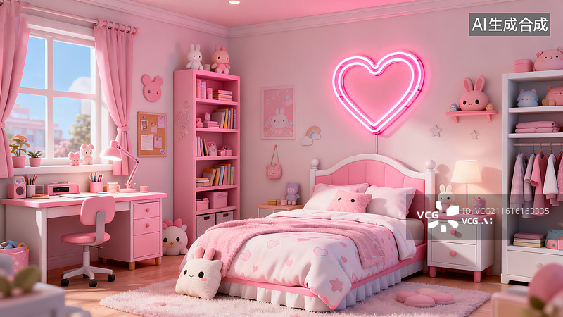 【AI数字艺术】粉色心形霓虹灯少女卧室场景图图片素材