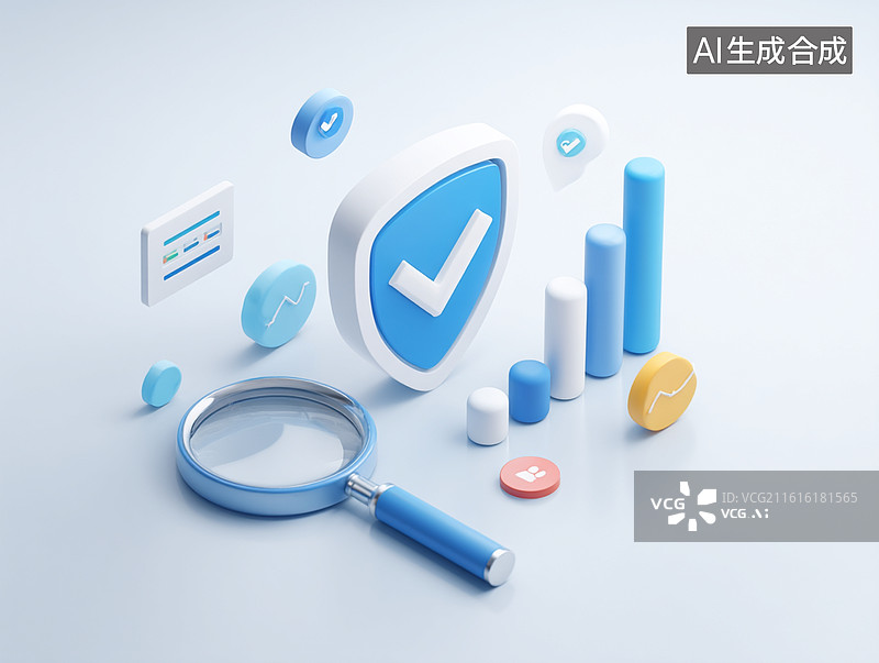 【AI数字艺术】蓝白为主的 3D 安全主题图标组合，盾牌与放大镜呼应，数据图表尽显科技商务的信息可视化质感图片素材