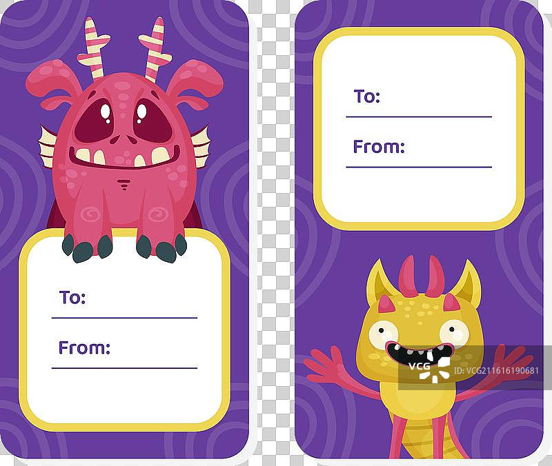 带有搞笑怪物角色的问候标签图片素材