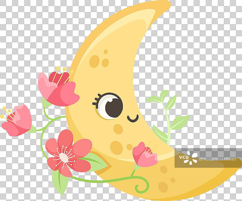 可爱的弯月带着鲜花和漂亮的脸图片素材