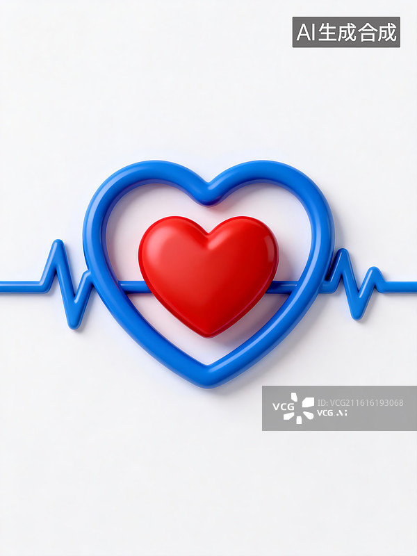 【AI数字艺术】蓝色心电图线条环绕红色心脏图片素材