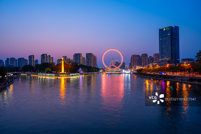 天津市三岔河口：子牙河、南运河、北运河三河交汇处，海河的起点，“天津之眼”摩天轮图片素材