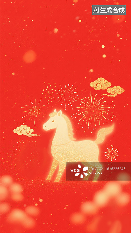 【AI数字艺术】2026马年中国新年祝福贺卡年画海报 金色骏马和焰火 一马当先 红色渐变背景 竖版图片素材