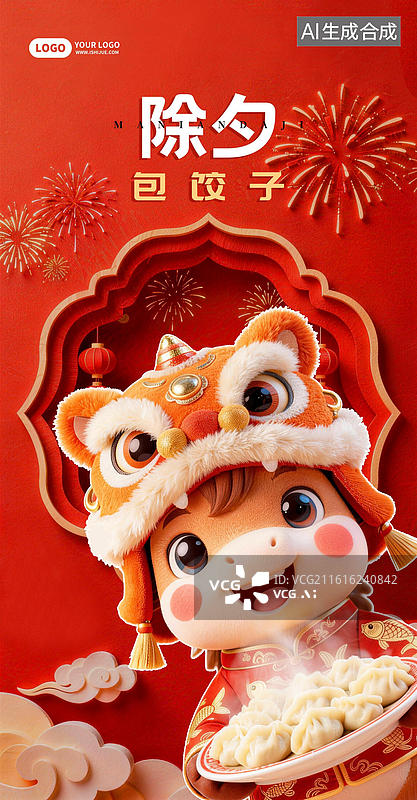 【AI数字艺术】3D国潮风年俗小马拜年大年三十除夕夜图片素材