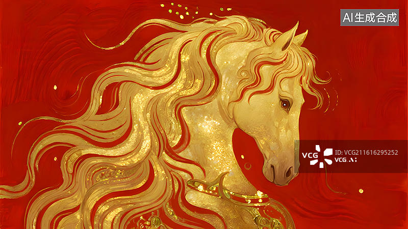 【AI数字艺术】金色骏马红色背景艺术画图片素材