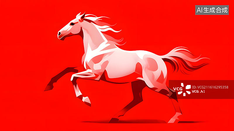 【AI数字艺术】白色骏马在红色背景上奔跑图片素材
