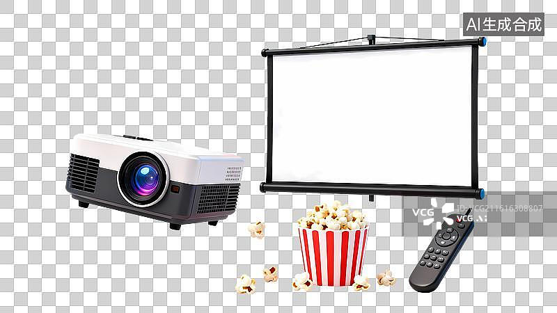 【AI数字艺术】投影仪幕布遥控器爆米花设备3D卡通立体渲染元素图片素材