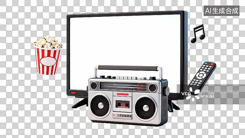 【AI数字艺术】复古娱乐设备音响电视爆米花3D卡通立体渲染元素图片素材
