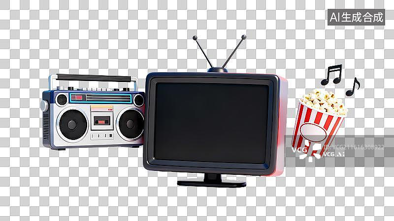 【AI数字艺术】复古娱乐设备音响电视爆米花3D卡通立体渲染元素图片素材