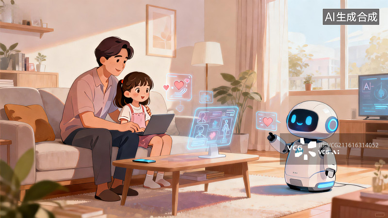 【AI数字艺术】家庭与机器人互动场景图片素材