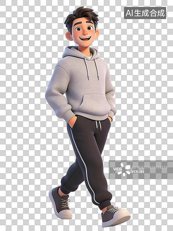 【AI数字艺术】年轻男性，面带微笑，双手插兜，穿着灰色连帽衫、黑色运动裤和深色运动鞋，整体风格休闲图片素材