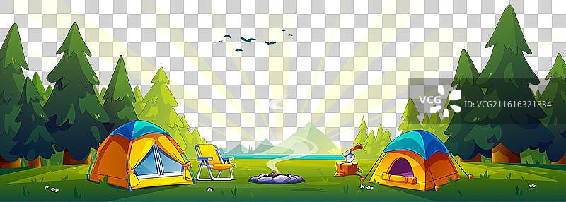 日出时森林里的露营帐篷图片素材