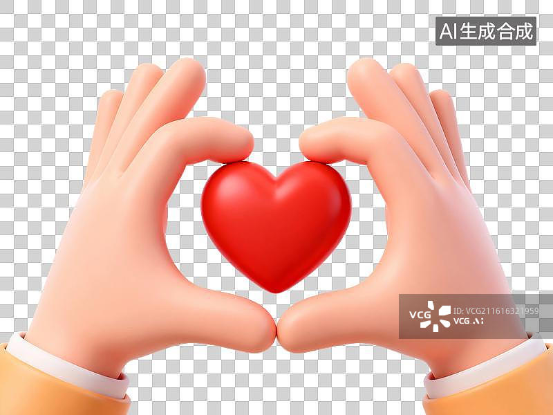 【AI数字艺术】3D渲染卡通手势语，比心手势，红心，爱心，关爱，感恩节，免抠元素图片素材