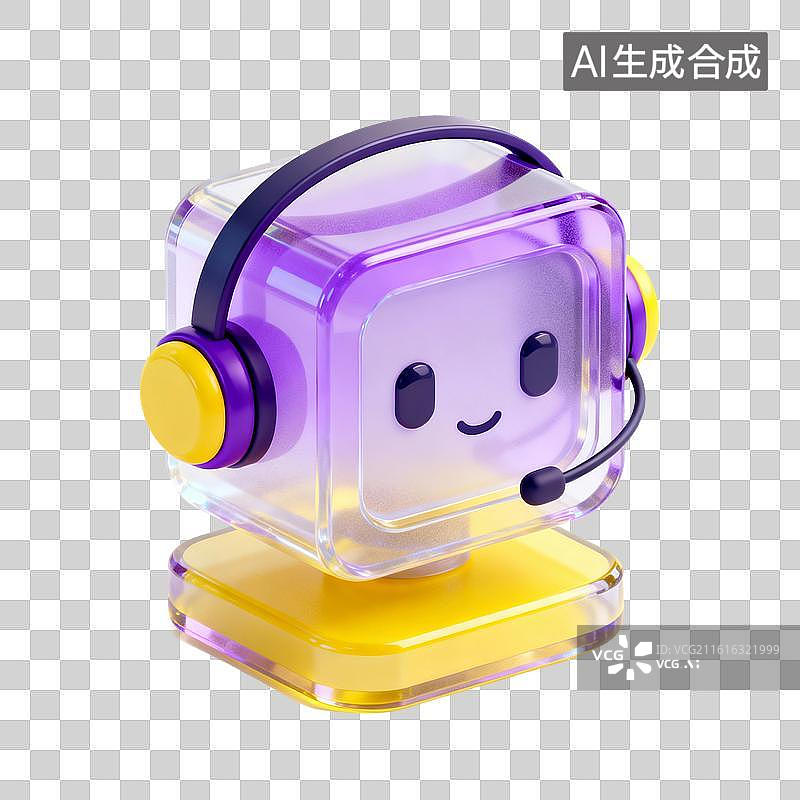 【AI数字艺术】3D渲染，透明质感，机器人客服，人工智能，可爱的卡通机器人，图形图标，免抠元素图片素材