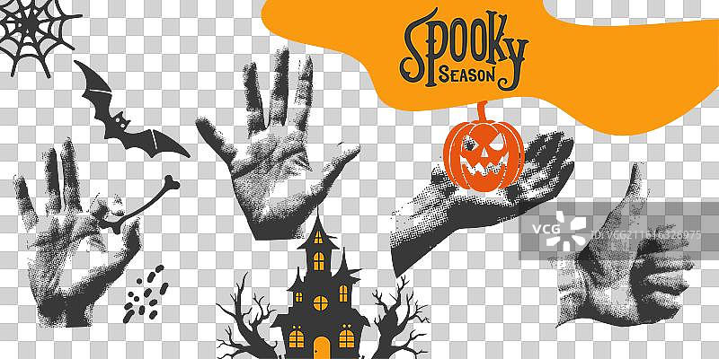 万圣节拼贴画，包含南瓜、蝙蝠和半月图片素材