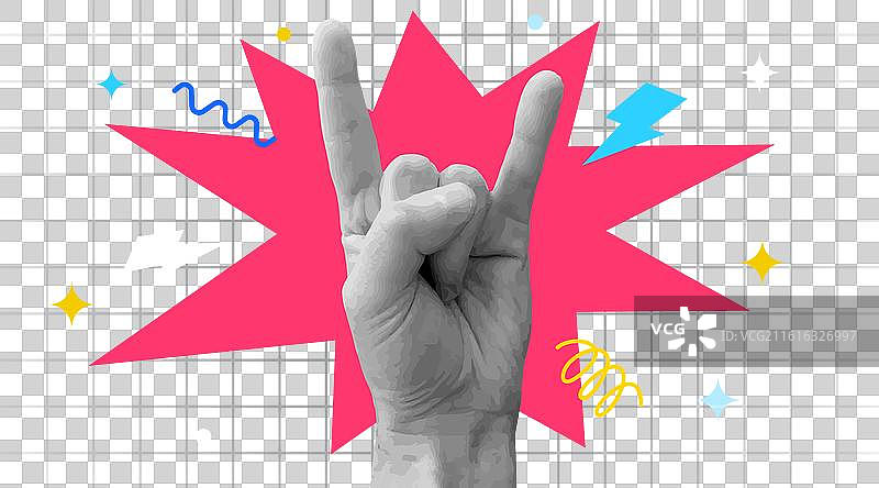 当代朋克海报，一只手做出摇滚手势图片素材