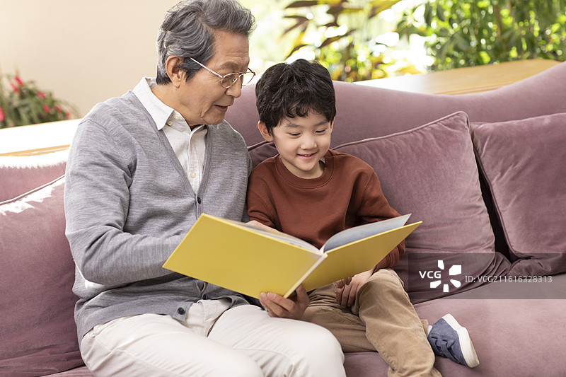 爷爷陪孙子看书图片素材