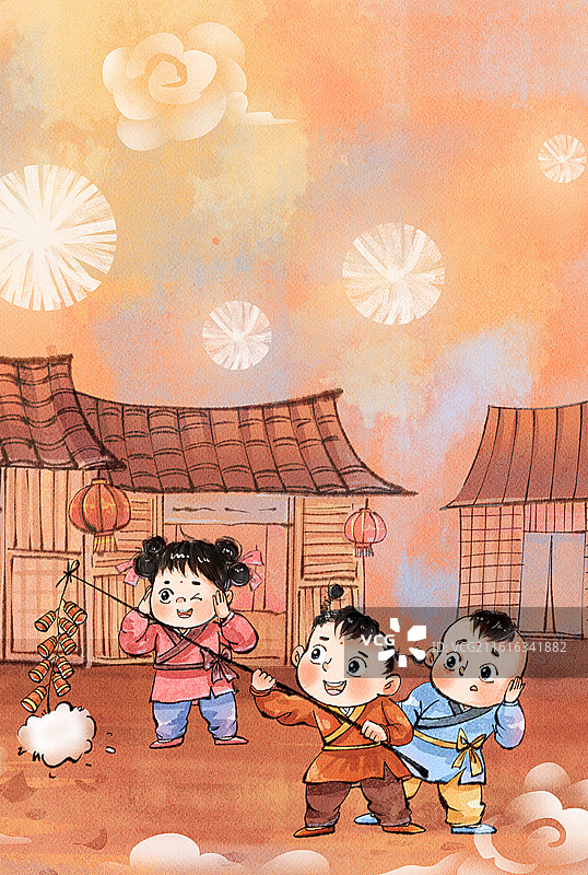 手绘水墨新年孩子们放鞭炮烟花竖图插画图片素材