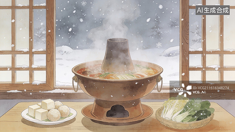 【AI数字艺术】雪景窗边的热气腾腾火锅图片素材