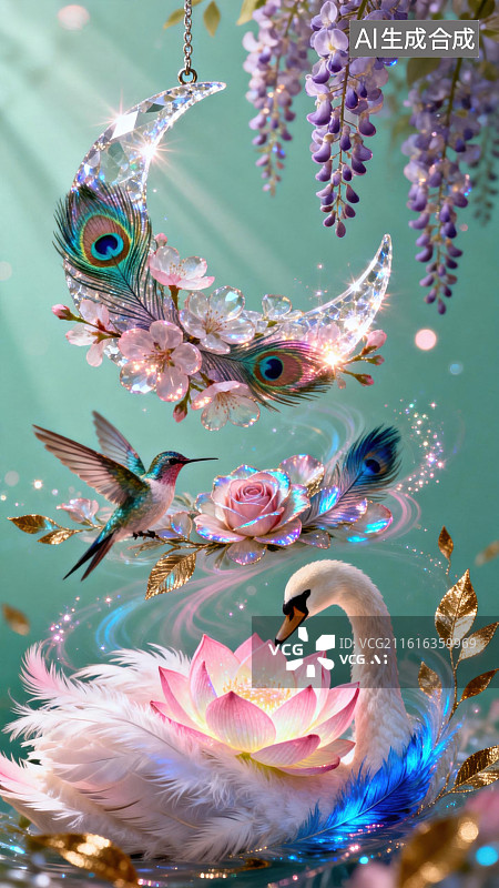 【AI数字艺术】天鹅与花月梦幻场景图片素材
