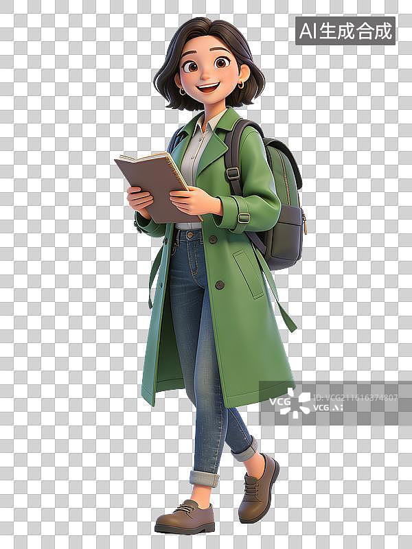 【AI数字艺术】短发女性，面带微笑，手持书本，背着背包，穿着绿色风衣牛仔裤，棕色鞋子，具有学生或年轻教师的形象图片素材