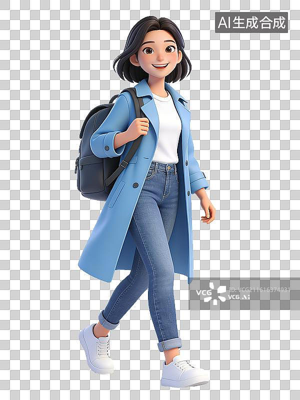 【AI数字艺术】年轻女性，面带微笑，背着黑色背包，身穿蓝色风衣、白色T恤、牛仔裤和白色运动鞋，步态轻快图片素材