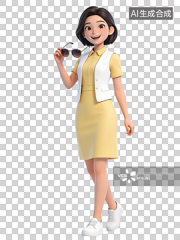 【AI数字艺术】年轻女性，短发，微笑，手持太阳镜，黄色连衣裙配白色马甲，白色运动鞋，站立姿势，时尚休闲装扮图片素材