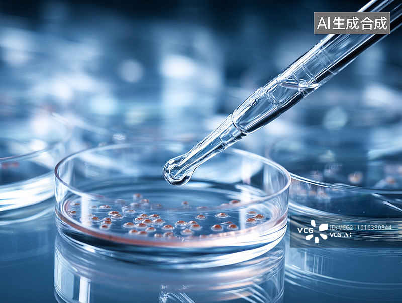 【AI数字艺术】移液器向培养皿滴入液体，蓝色冷调光效下尽显生命科学实验的精准严谨与前沿科技感图片素材