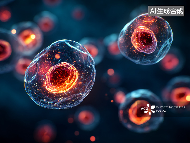 【AI数字艺术】红蓝发光的细胞特写，透明细胞膜包裹炽热细胞核，尽显生命科学微观世界的科技感与前沿质感图片素材
