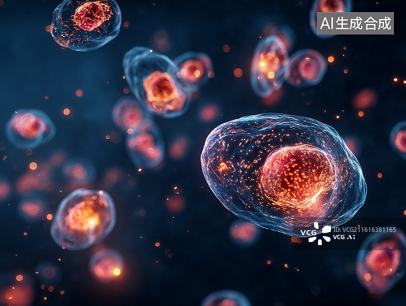 【AI数字艺术】红蓝发光的细胞特写，透明细胞膜包裹炽热细胞核，尽显生命科学微观世界的科技感与前沿质感图片素材