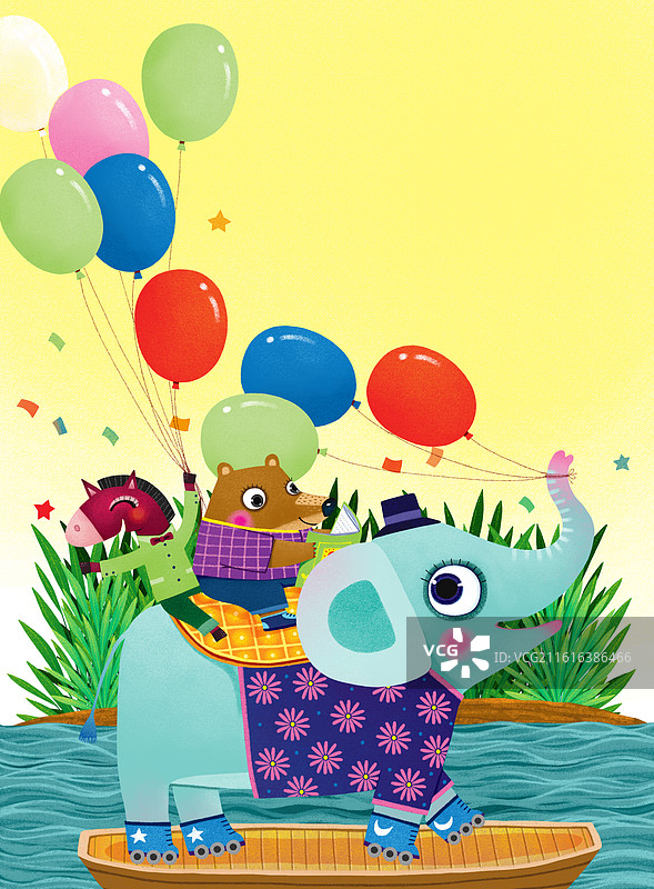 乘坐小船送气球的大象 儿童插画 封面插画图片素材