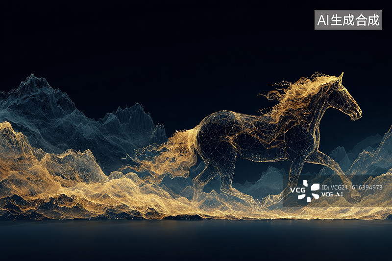 【AI数字艺术】金色与深蓝山水背景下奔腾的黑色骏马插画图片素材