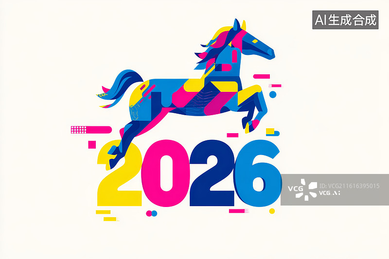 【AI数字艺术】结合奔跑马匹的孟菲斯风格彩色2026数字插画图片素材