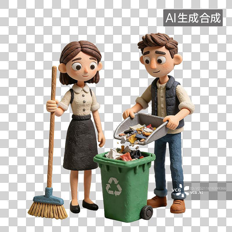 【AI数字艺术】3D粘土风农历正月初六送穷神打扫垃圾倒到垃圾桶里春节过年年俗元素图片素材