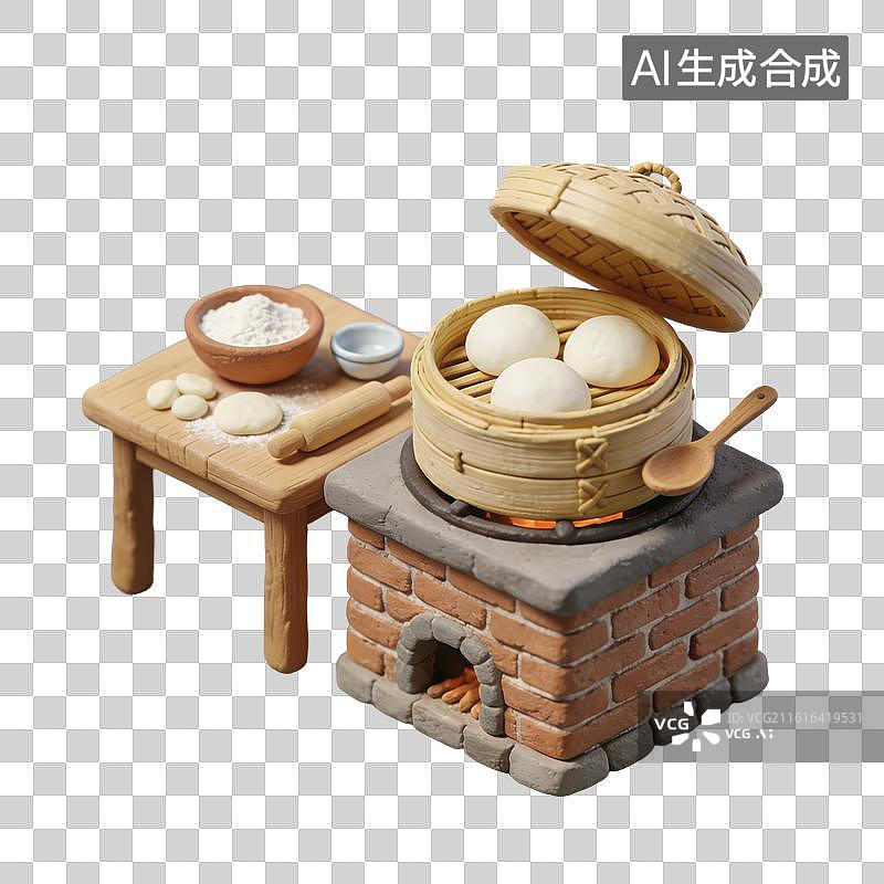【AI数字艺术】3D粘土风农历腊月二十八蒸馒头元素图片素材