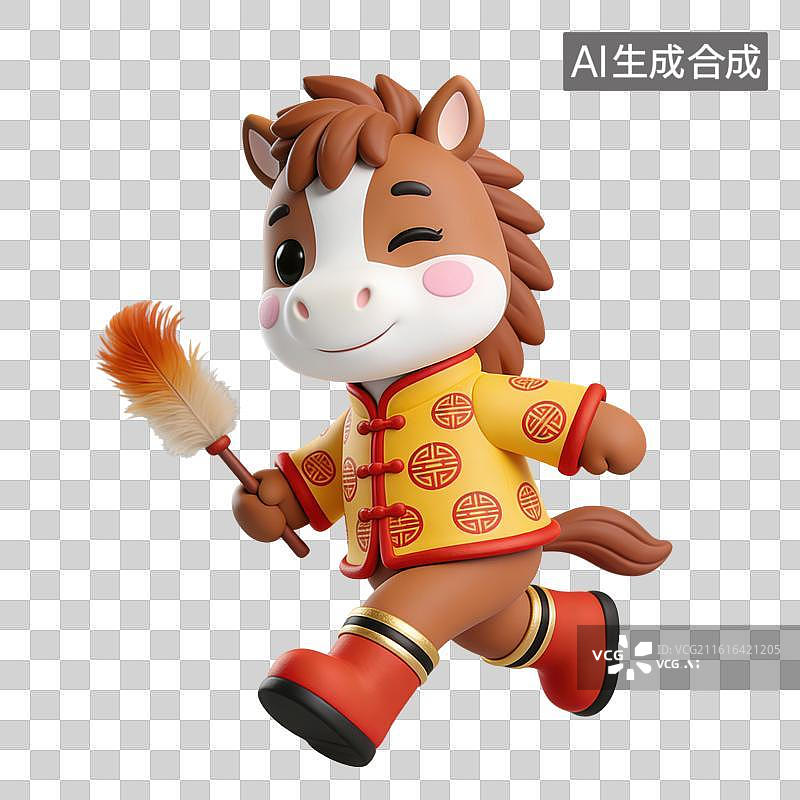【AI数字艺术】3D立体马年春节拟人马玩偶穿着中式服装拿着鸡毛掸子元素图片素材