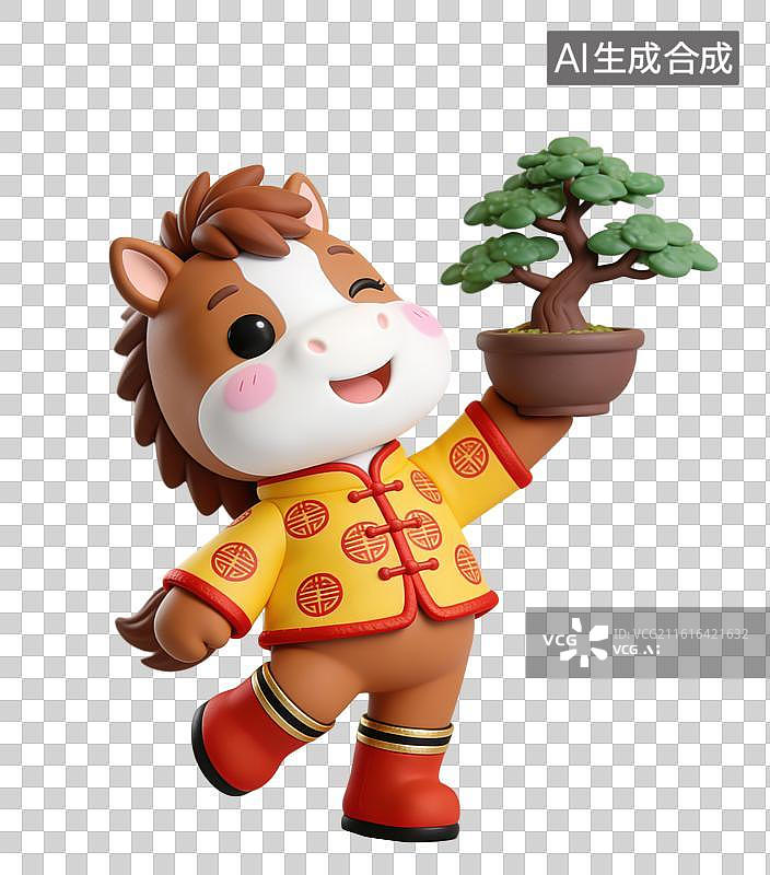 【AI数字艺术】3D粘土风马年春节拟人马玩偶穿着中式服装拿着一盆发财树元素图片素材