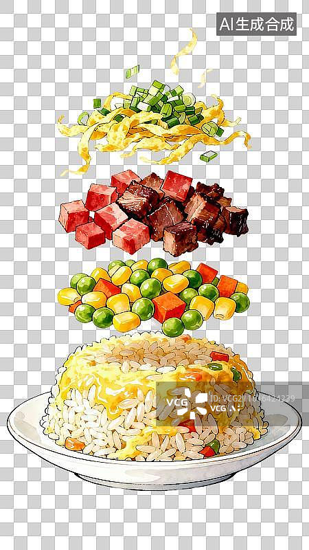 【AI数字艺术】扬州炒饭分解图垂直展开视图中式美食手绘插画免抠图形图片素材